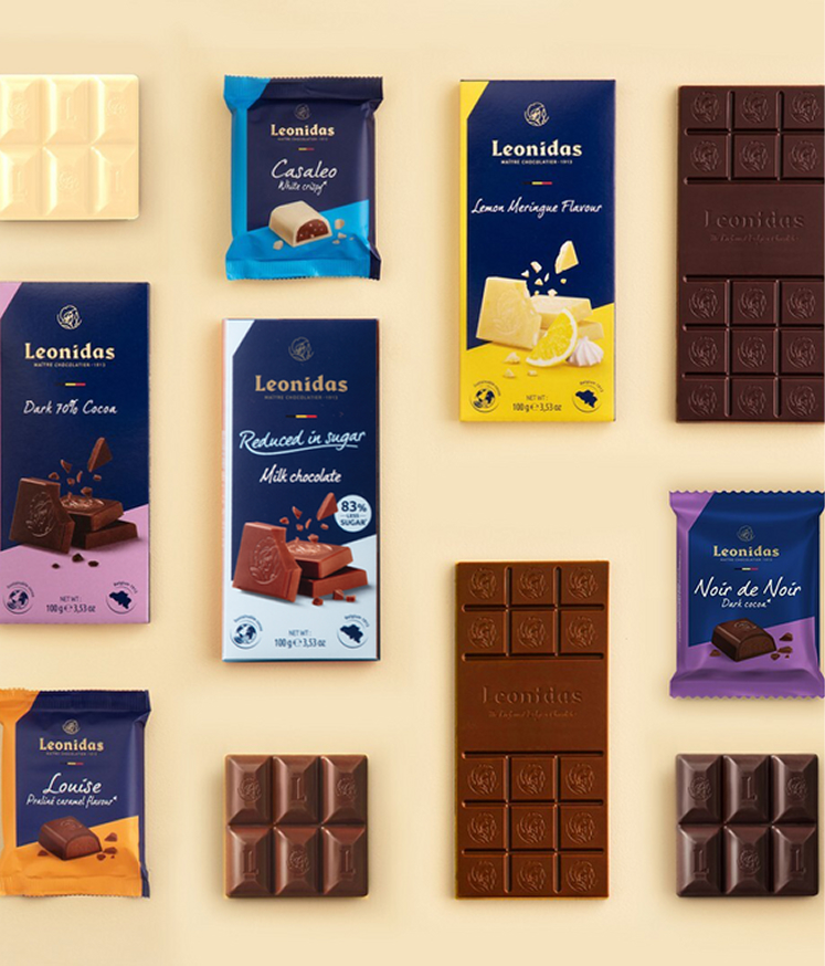 Tablettes de chocolat Leonidas alignées